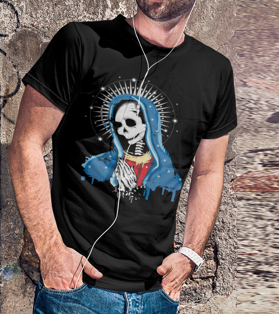 Virgin Mary Skeleton Prays With Radiant Halo T-Shirt