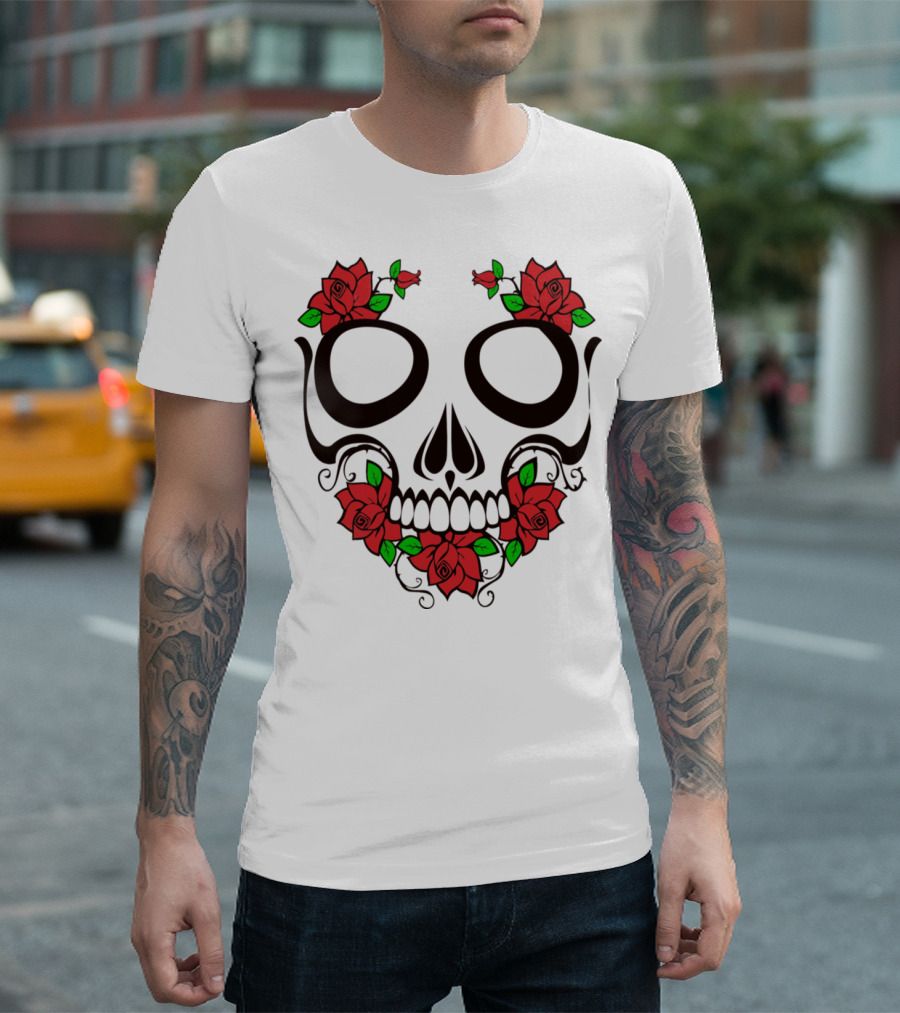 Roses Skull Floral Design Red Green Elements T-Shirt