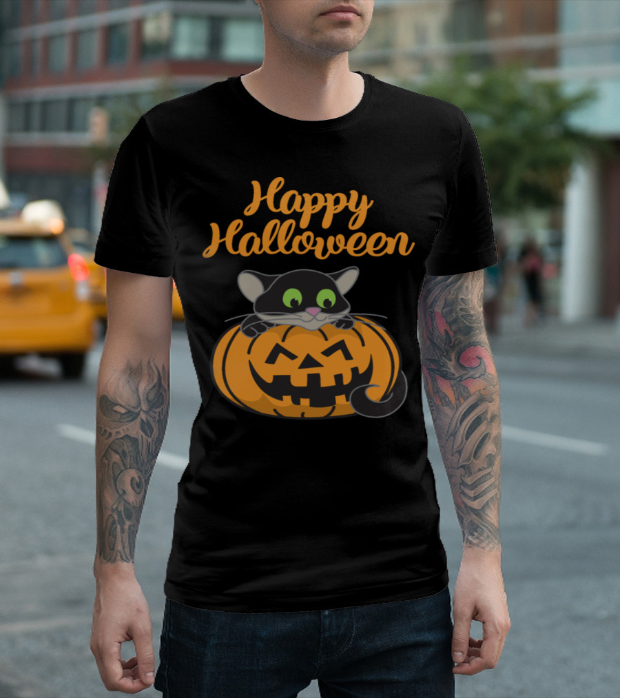 Happy Halloween Black Cat on Jack-O'-Lantern Pumpkin T-Shirt