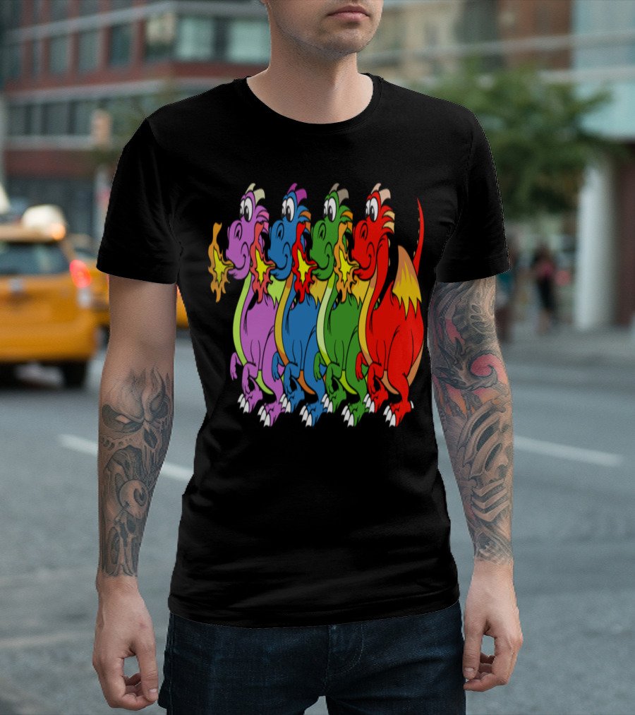 Funny Dragons Colorful Cartoon Fire-Breathing Characters T-Shirt