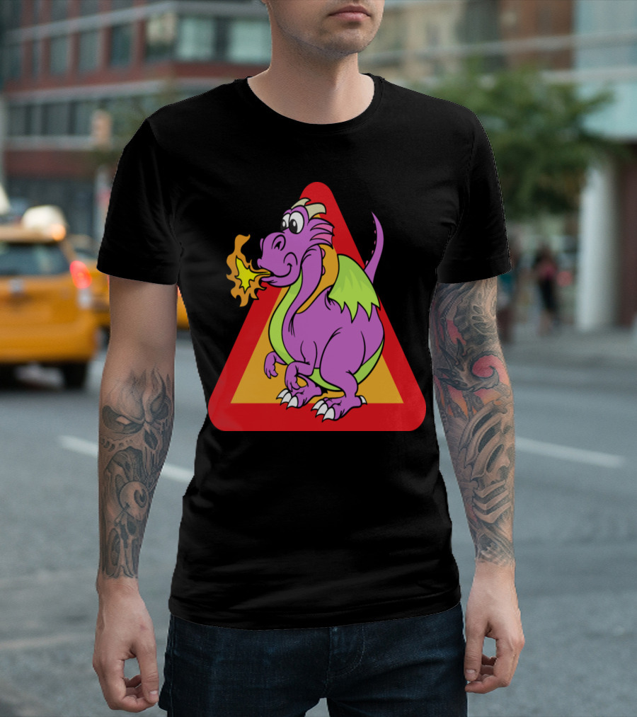 Funny Dragon Breathing Fire in Colorful Triangle T-Shirt