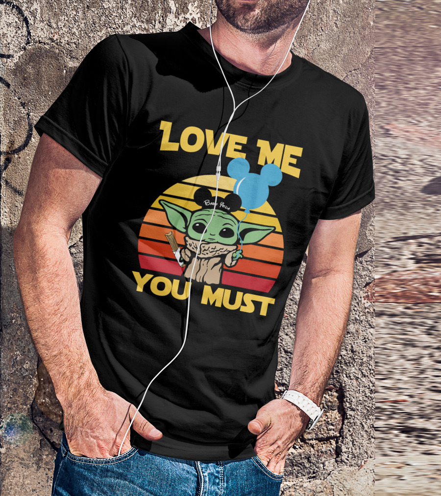 LOVE ME YOU MUST BABY YODA MICKEY EARS BALLOON VINTAGE STRIPES T-Shirt