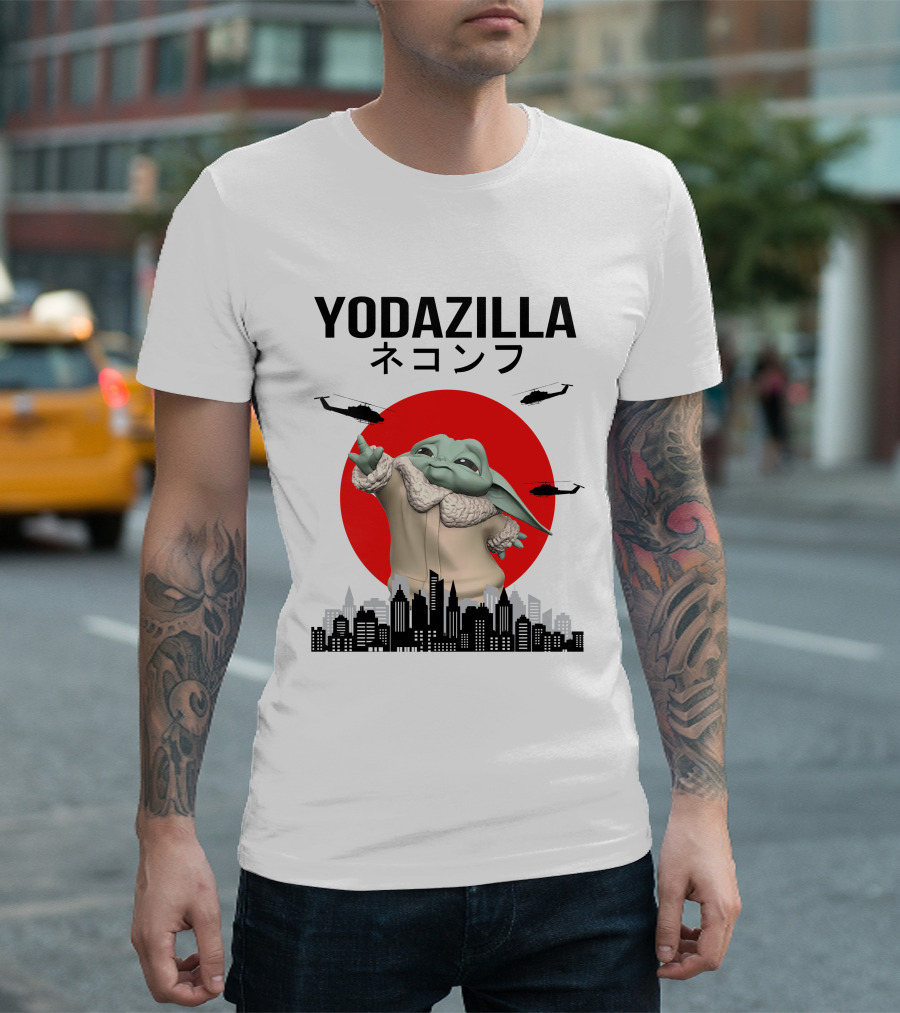 Yodazilla Helicopters City Skyline Red Sun T-Shirt