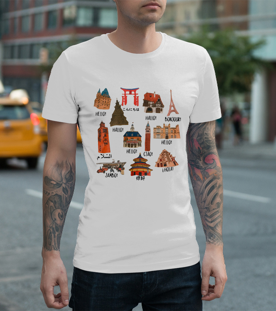 Epcot World Showcase Hello Konnichiwa Bonjour Ciao Jambo Hola Iconic Landmarks T-Shirt