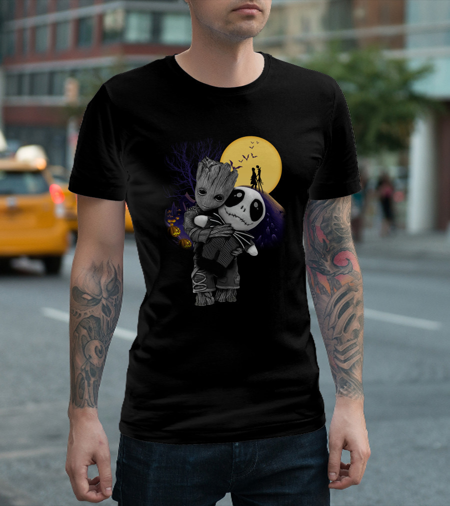 Groot Hug Jack Skellington Halloween Night T-Shirt