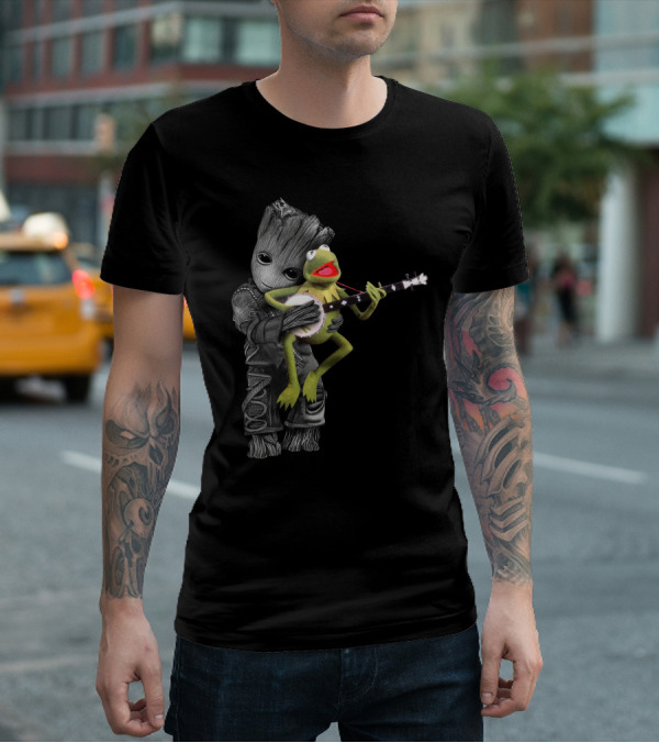 Groot Hugging Kermit Playing Banjo T-Shirt