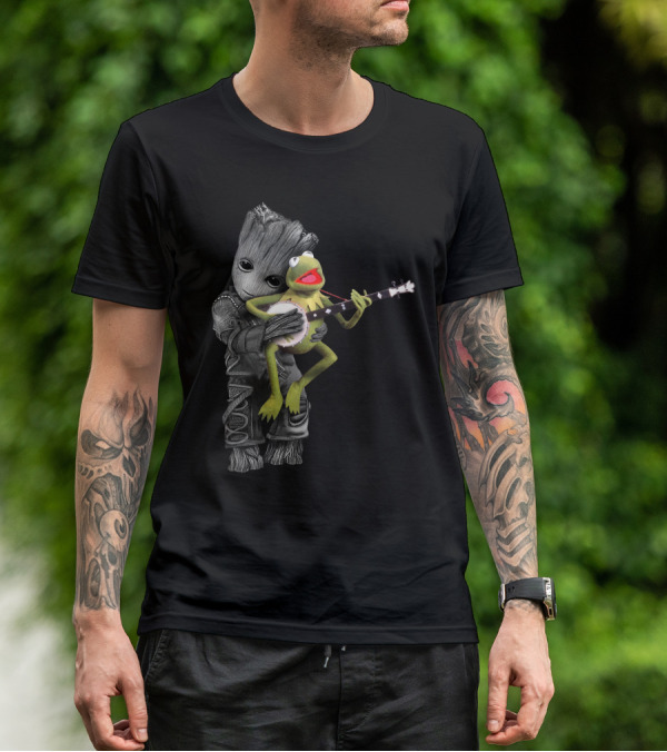 Groot Hugging Kermit Playing Banjo T-Shirt