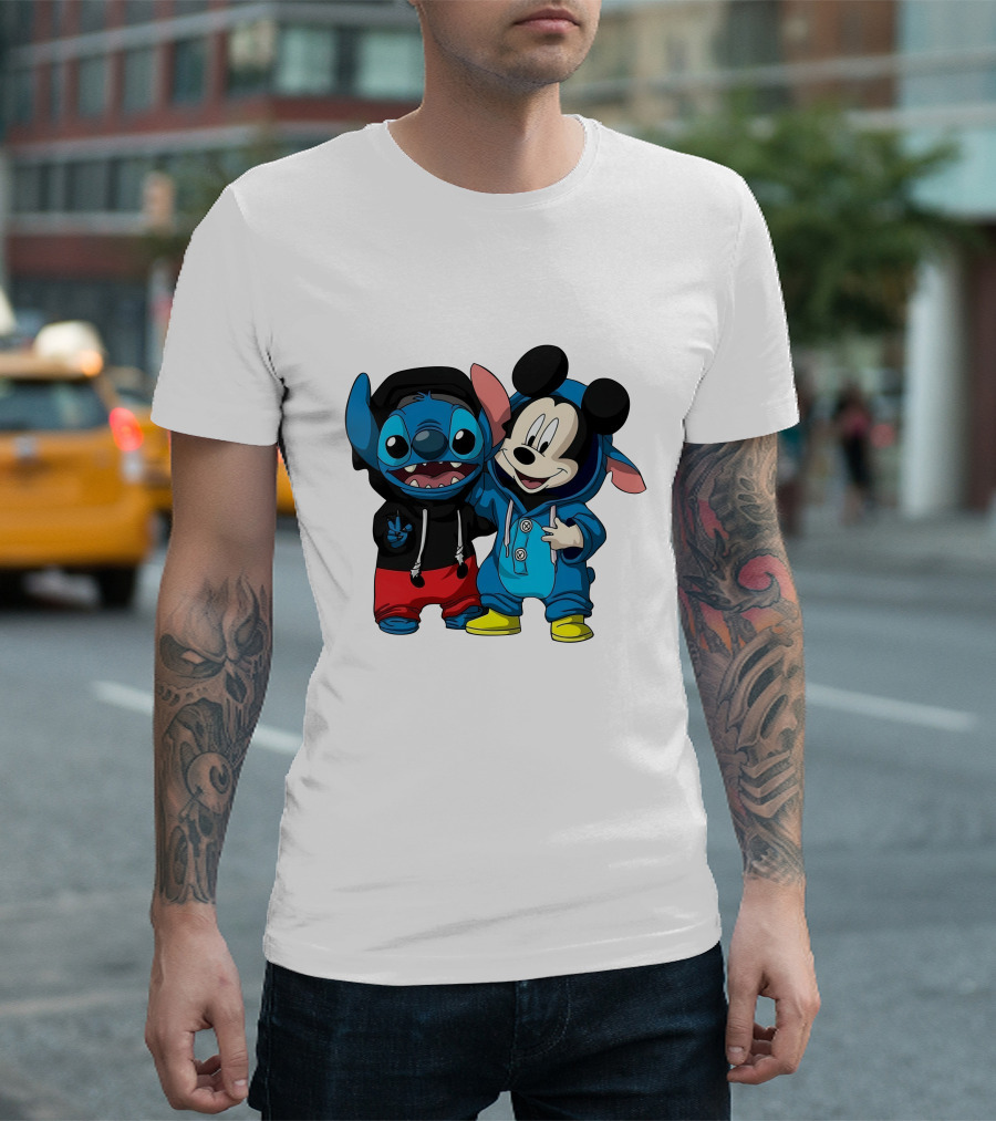 Mickey and Stitch Friendship Hoodie Cartoon Crossover T-Shirt