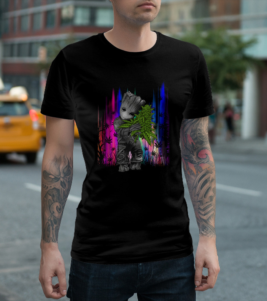 Love Hug Groot Cannabis Hugging Rainbow Background T-Shirt