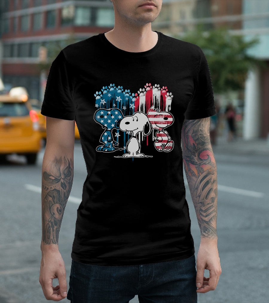 Snoopy Trio American Flag Stars Stripes Footprints T-Shirt