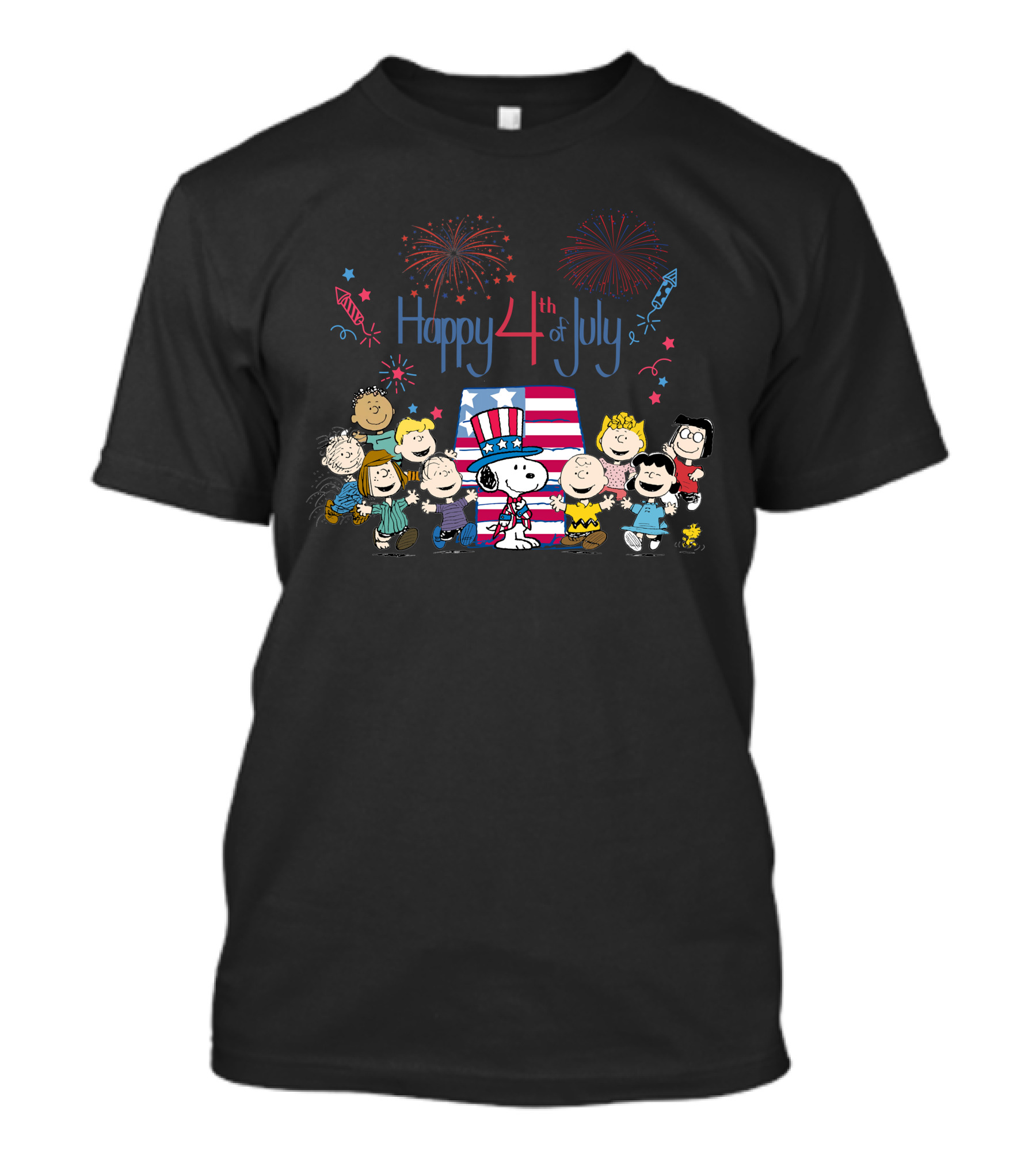 Happy 4th July Peanuts Celebrating With Fireworks And Snoopy In Patriotic Attire T-Shirt