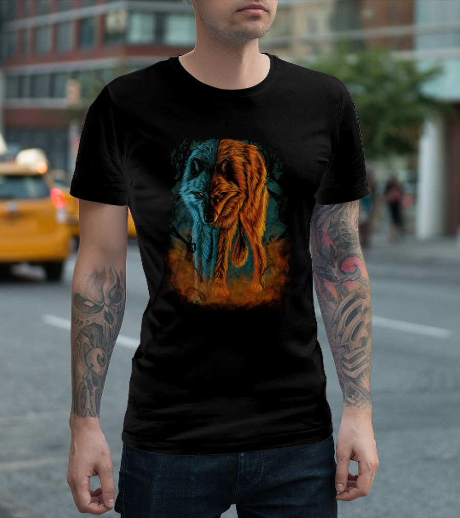 Dual Nature Wolf: Fire and Ice Elements Blend T-Shirt