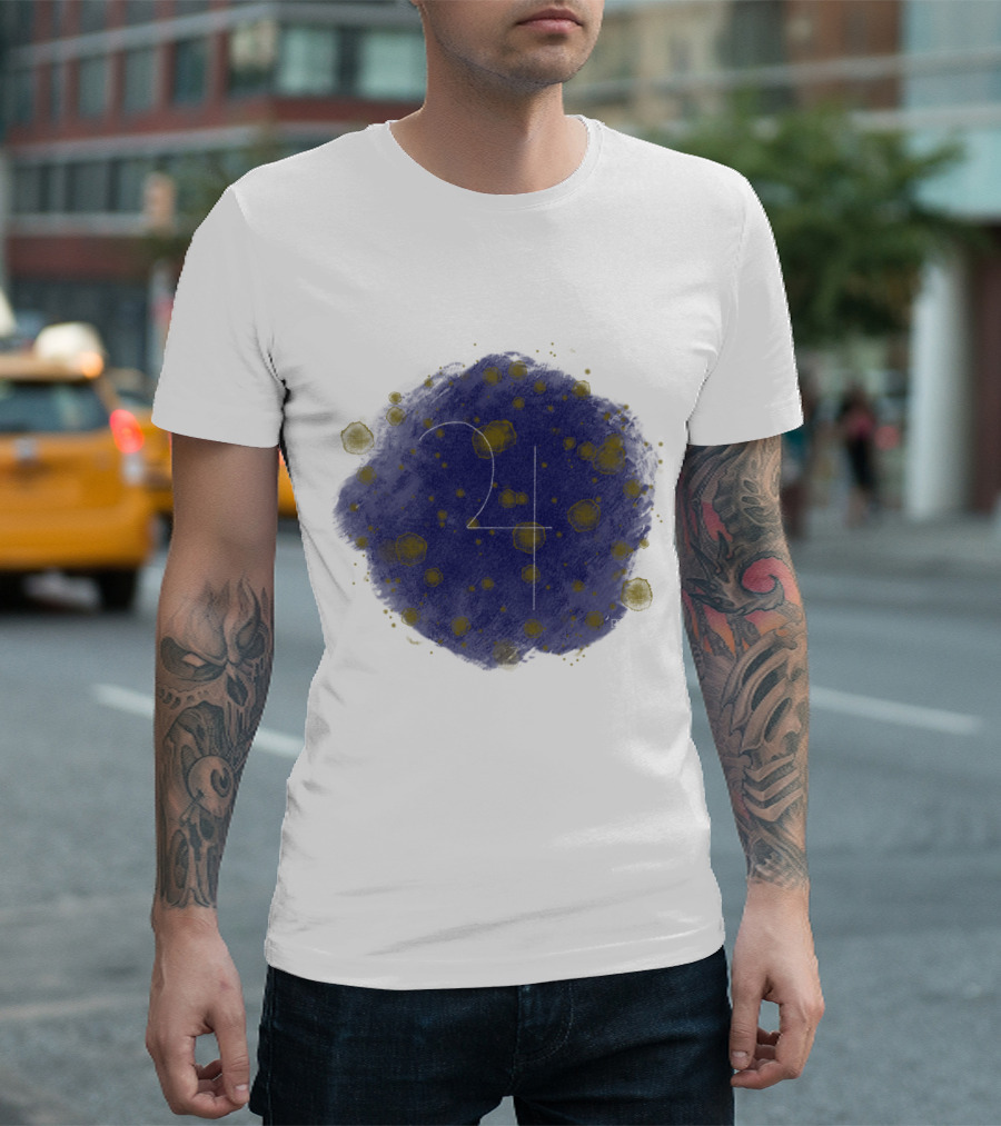 Jupiter Number 24 with Cosmic Dot Pattern in Blue and Yellow T-Shirt