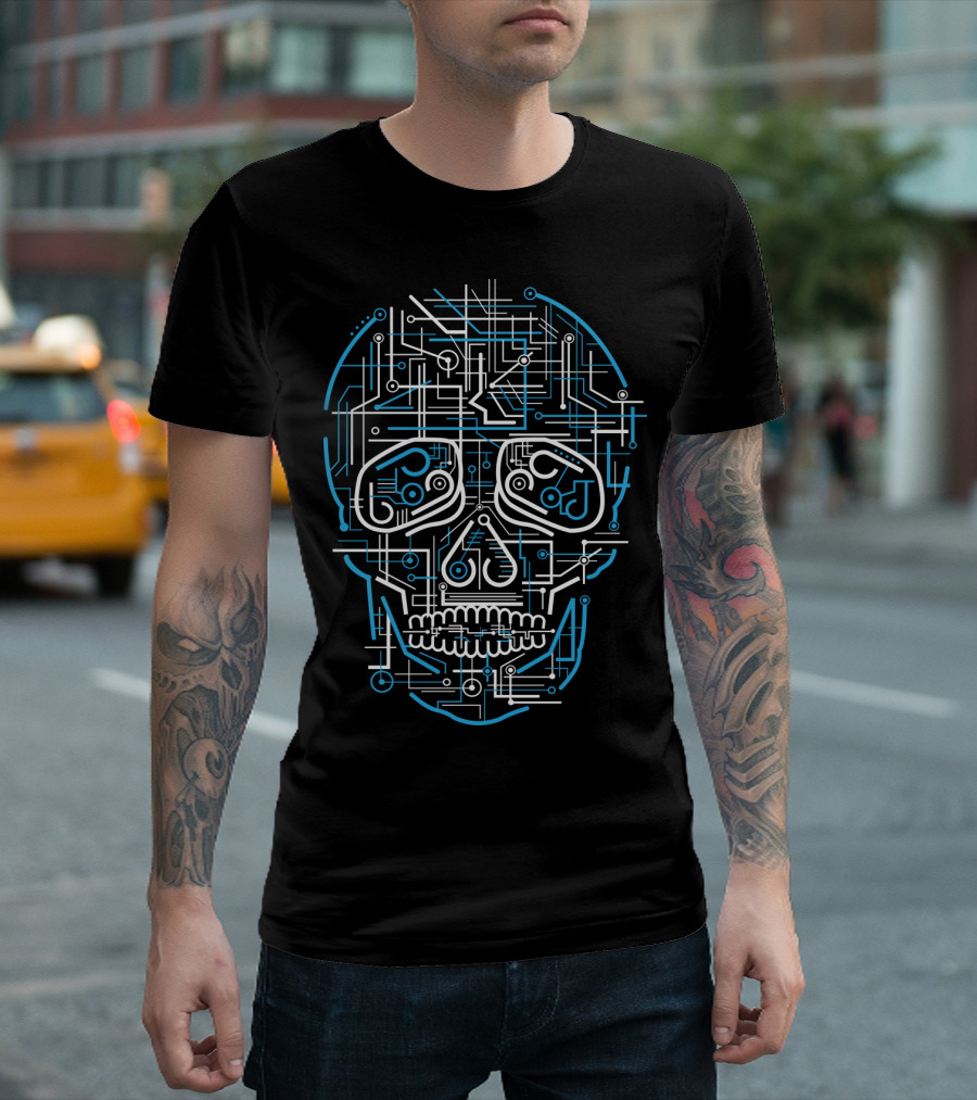 Skull Circuit Board Pattern with Futuristic Blue White Lines T-Shirt