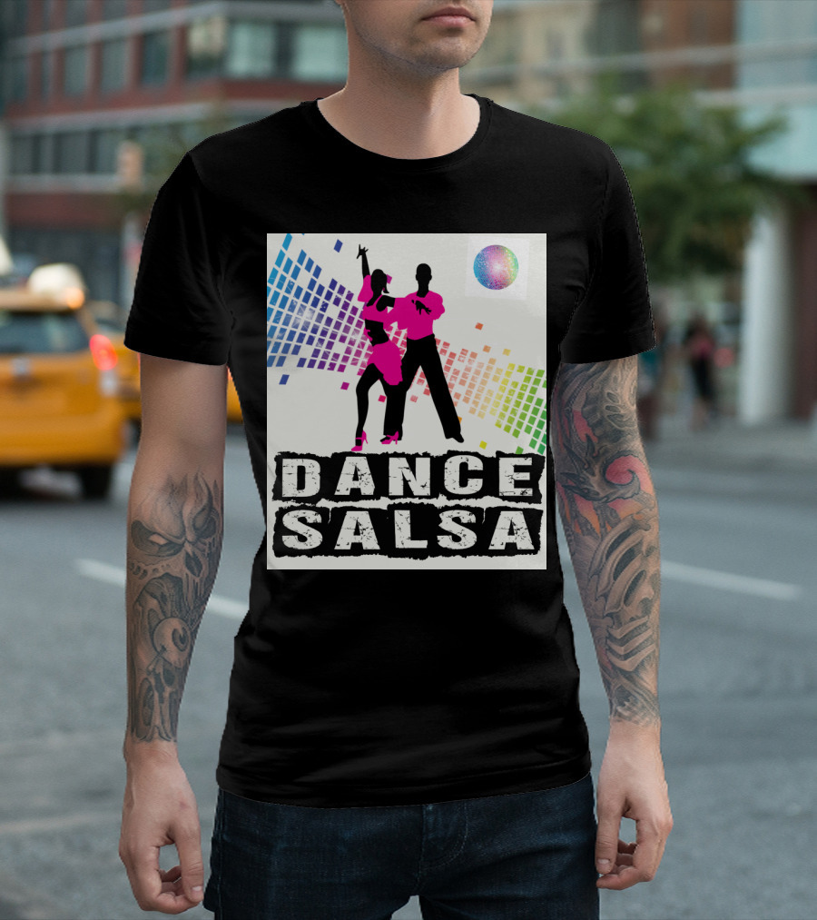 Dance Salsa Colorful Silhouette With Rainbow Geometric Background T-Shirt