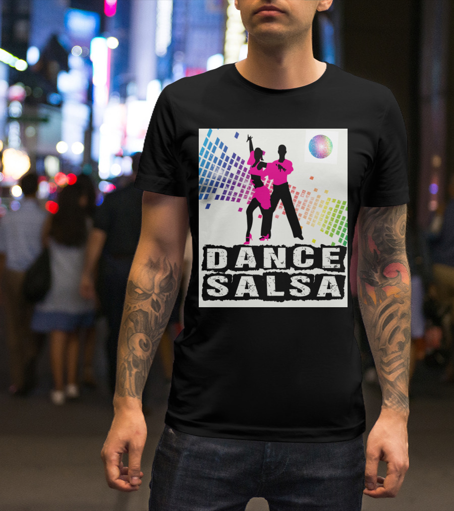 Dance Salsa Colorful Silhouette With Rainbow Geometric Background T-Shirt