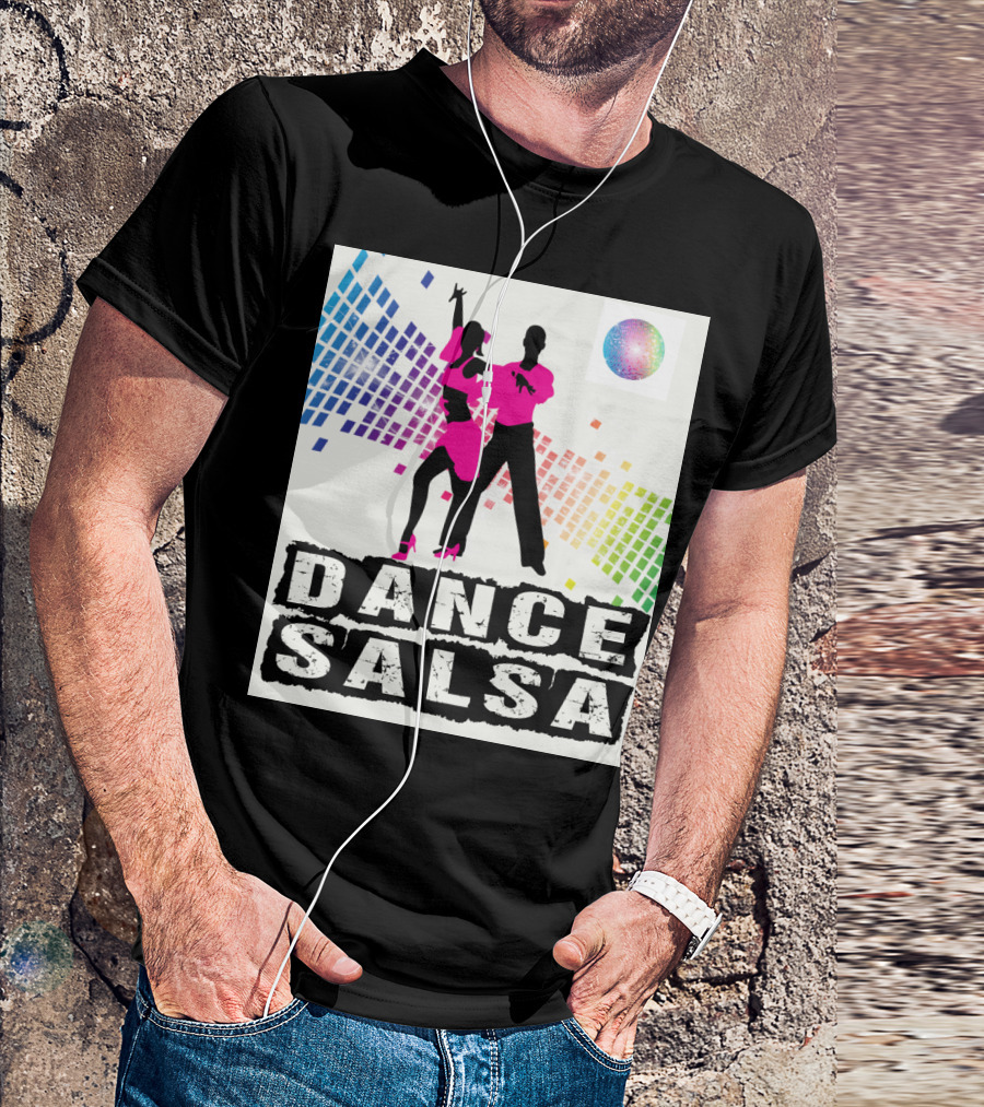 Dance Salsa Colorful Silhouette With Rainbow Geometric Background T-Shirt