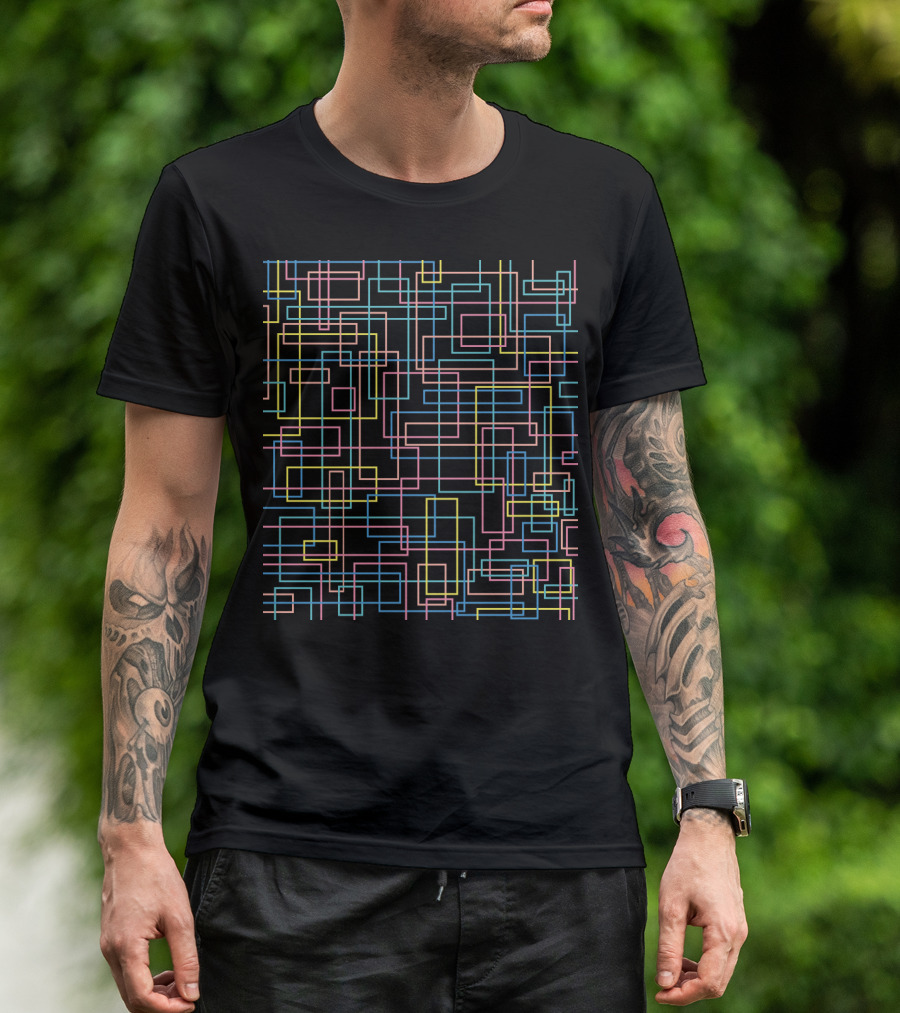 Geometric Pipe Dance Pattern With Multicolor Lines And Abstract Maze T-Shirt