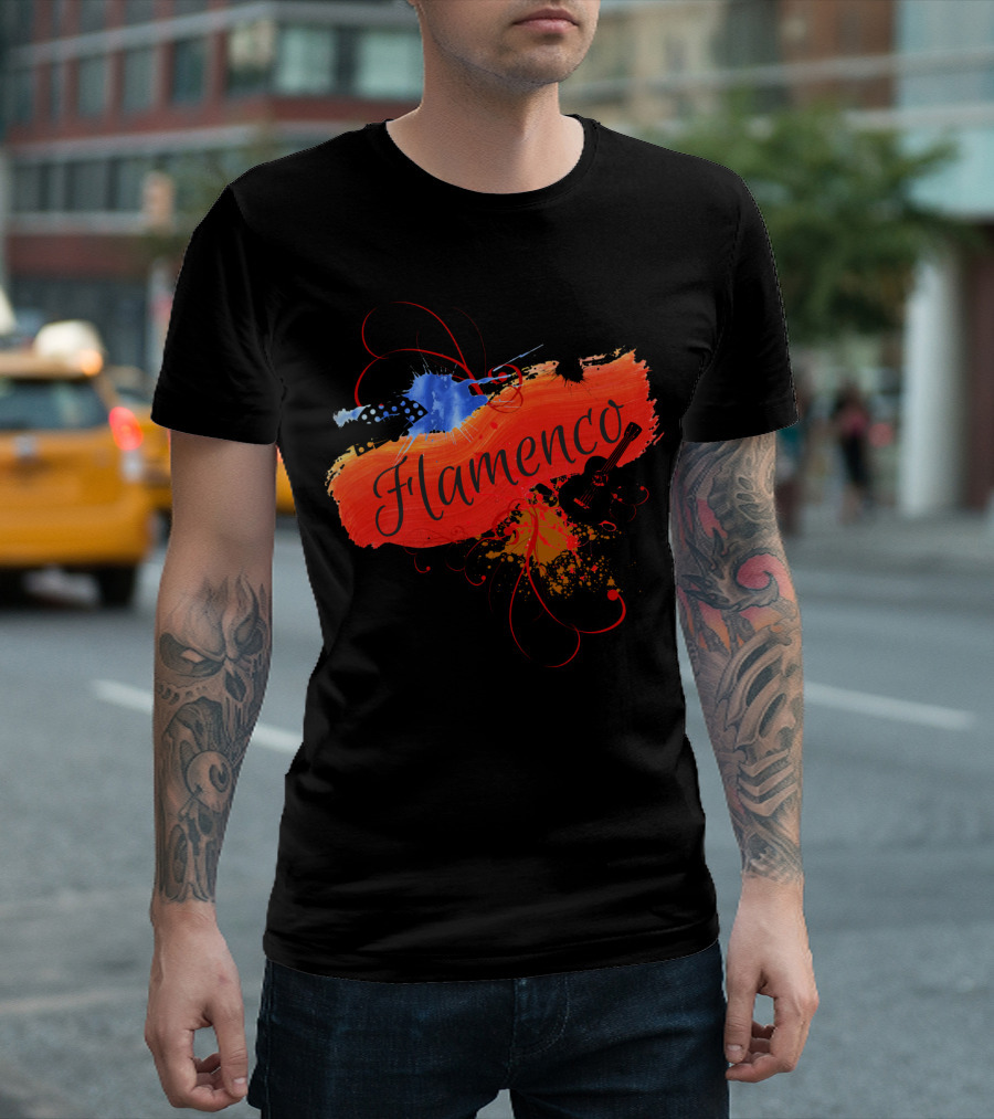 Flamenco Multicolor Vibrant Brushstroke with Guitar and Fan Elements T-Shirt
