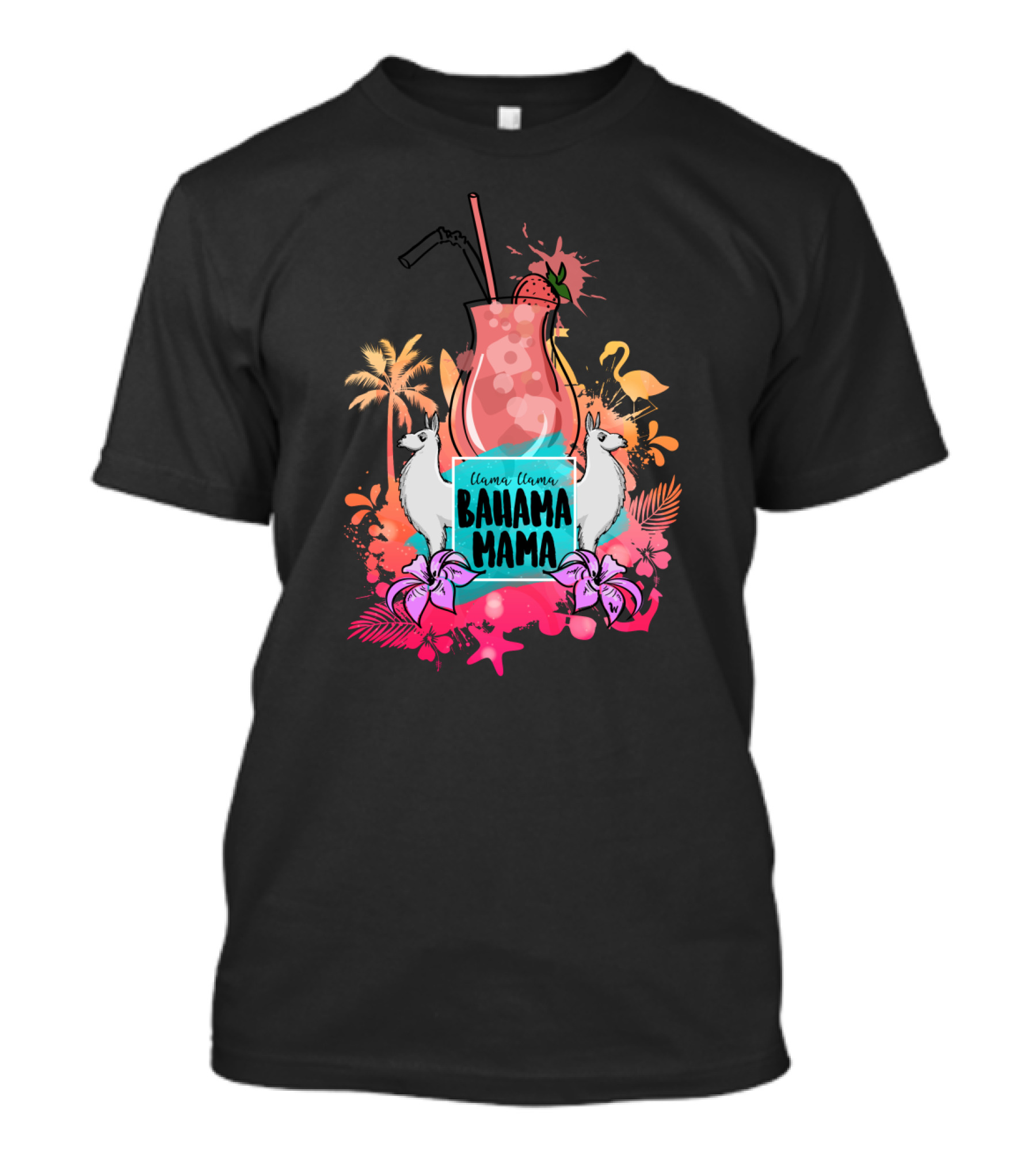 Bahama Mama Tropical Llama Flamingo Cocktail Scene With Palms And Hibiscus T-Shirt