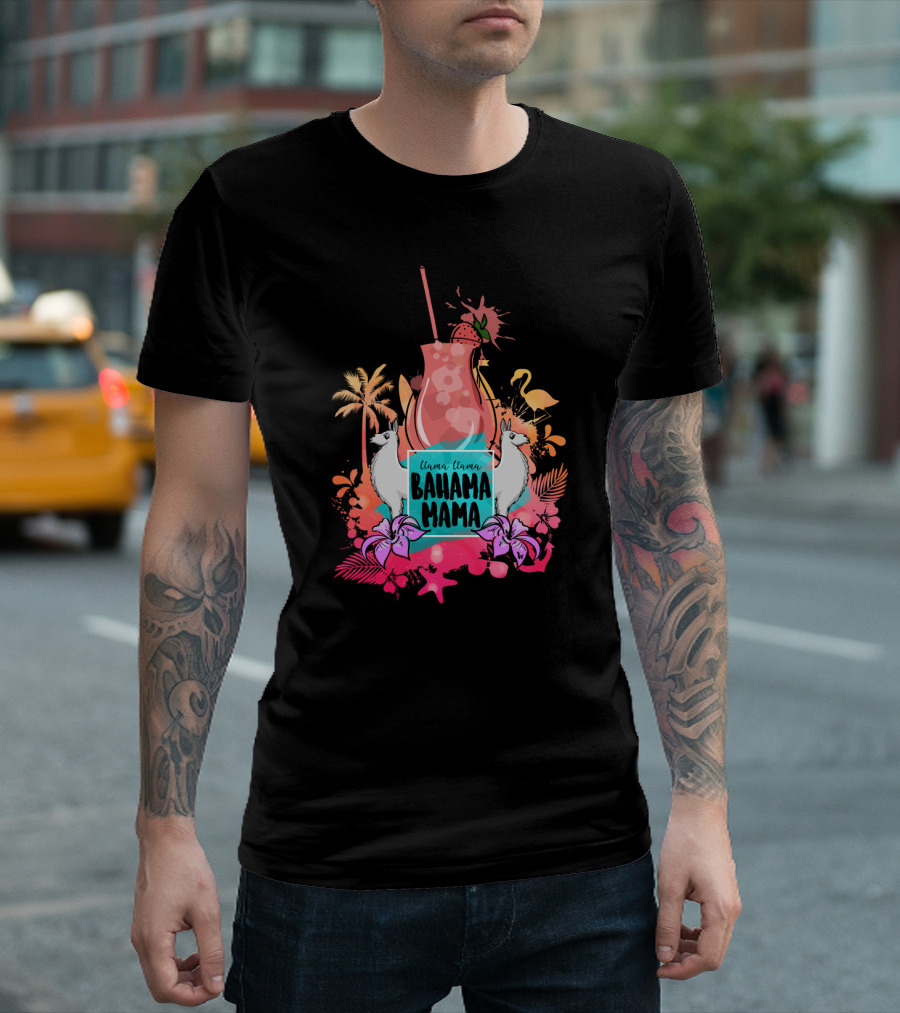 Bahama Mama Tropical Llama Flamingo Cocktail Scene With Palms And Hibiscus T-Shirt
