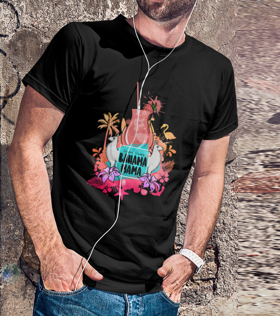 Bahama Mama Tropical Llama Flamingo Cocktail Scene With Palms And Hibiscus T-Shirt