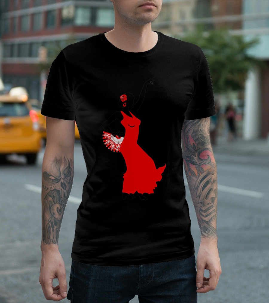 Flamenco Dancer in Red Dress with Fan and Rose Accessory T-Shirt