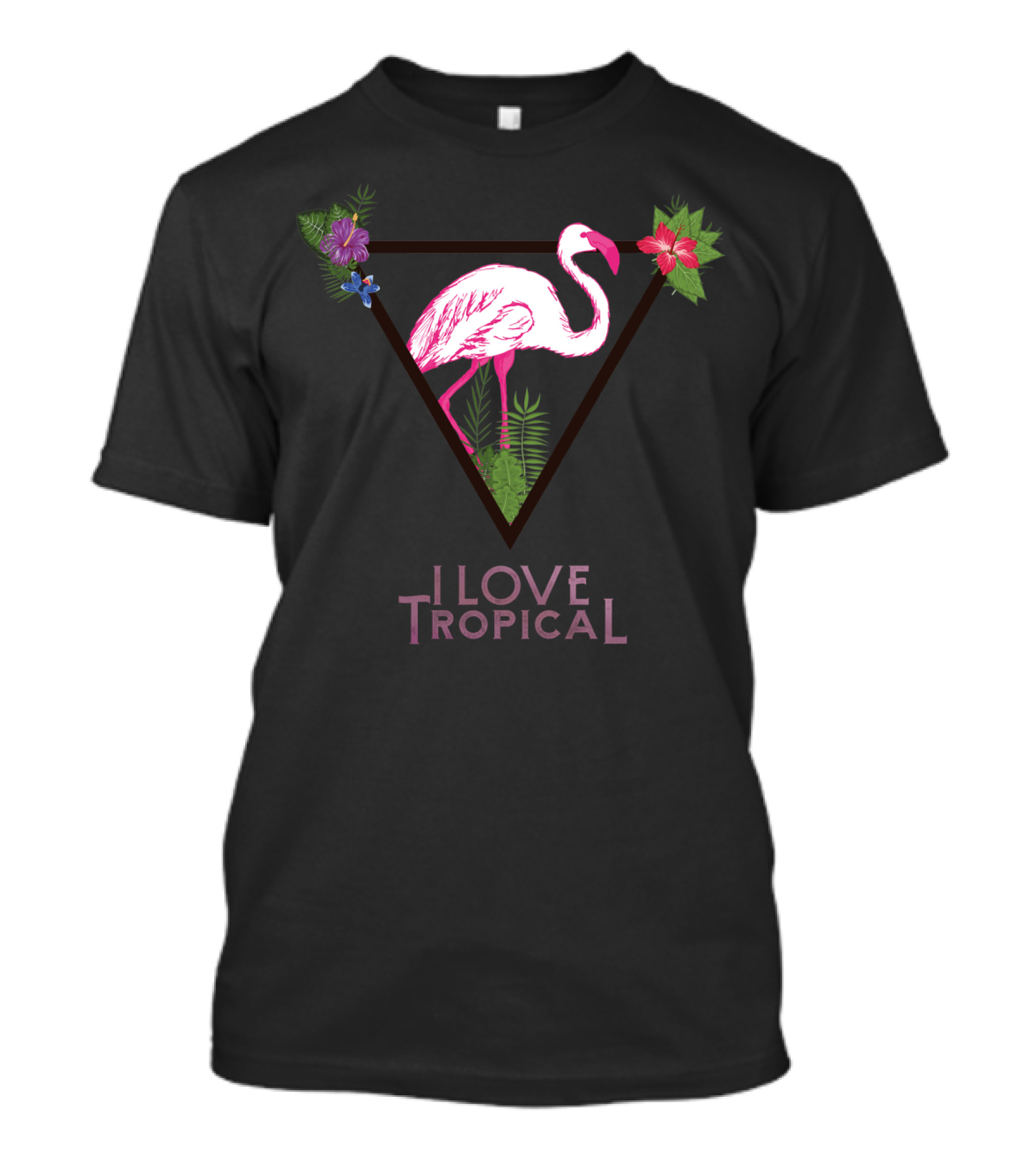 I Love Tropical Flamingo With Colorful Flowers And Vibrant Greenery T-Shirt
