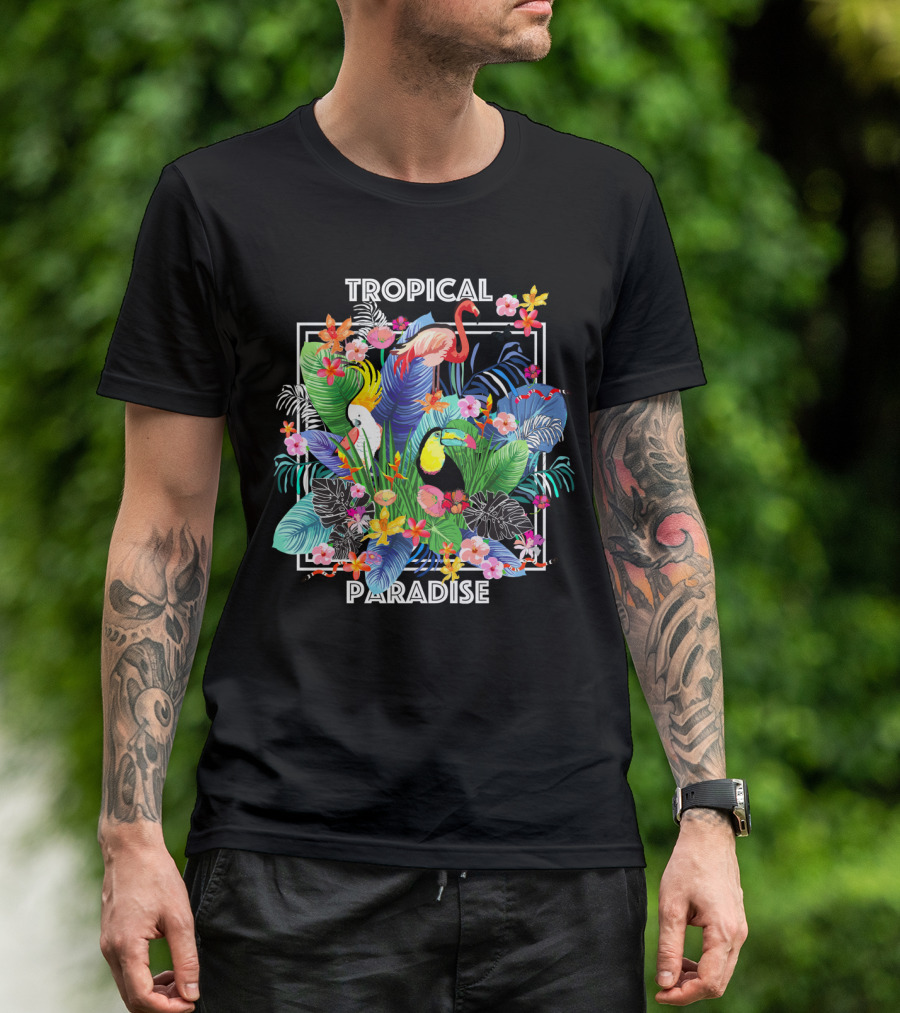 Tropical Paradise Flamingo And Toucan With Vibrant Flowers And Leaves T-Shirt