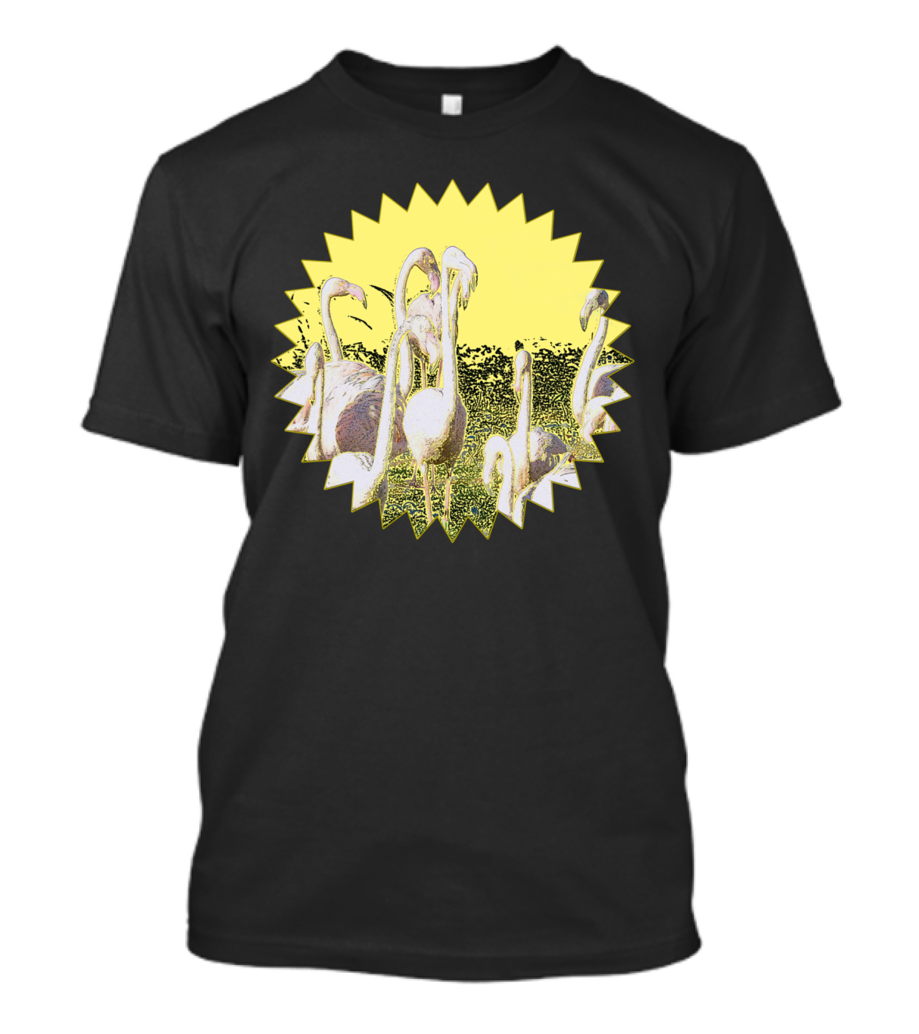 Flamingos In Starburst Yellow Fauna Scene T-Shirt