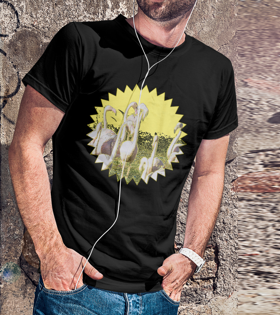Flamingos In Starburst Yellow Fauna Scene T-Shirt