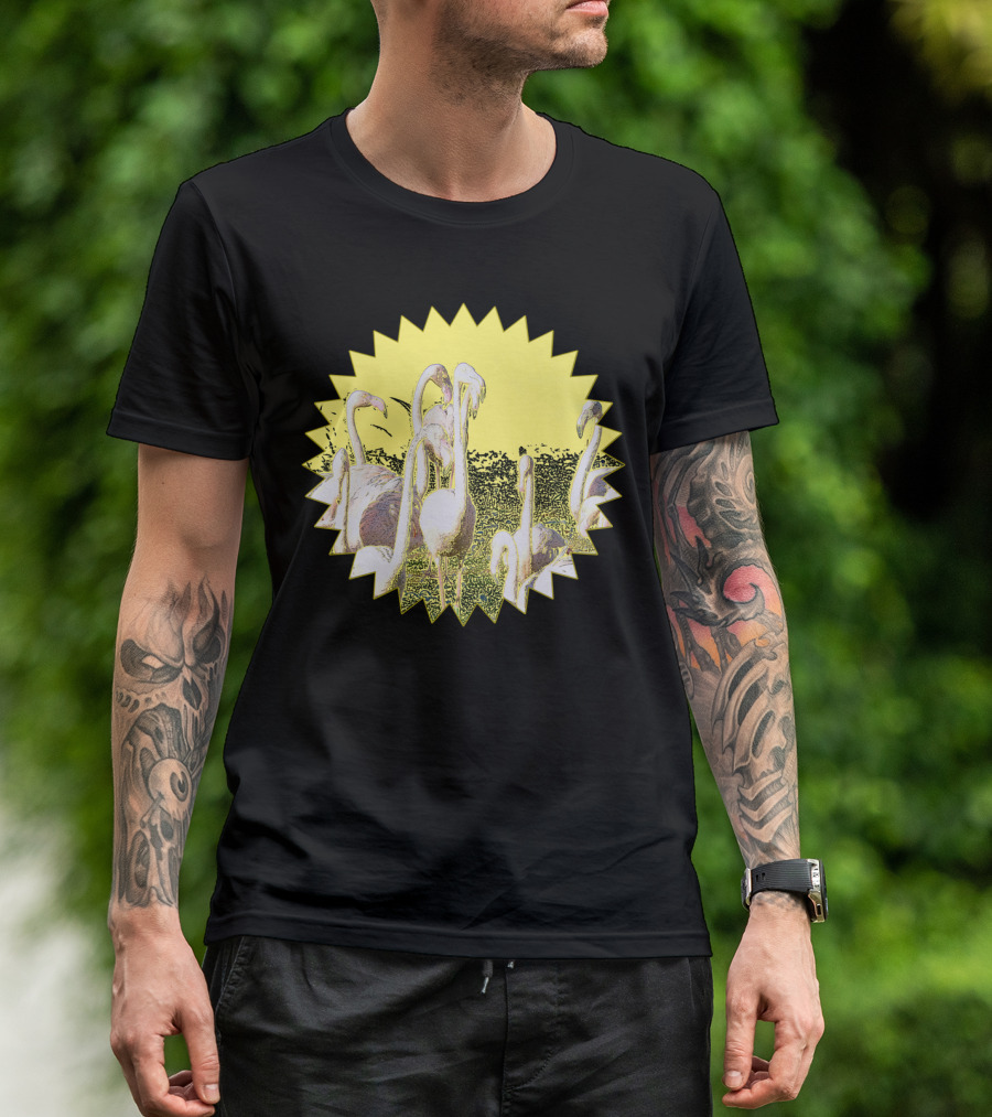 Flamingos In Starburst Yellow Fauna Scene T-Shirt