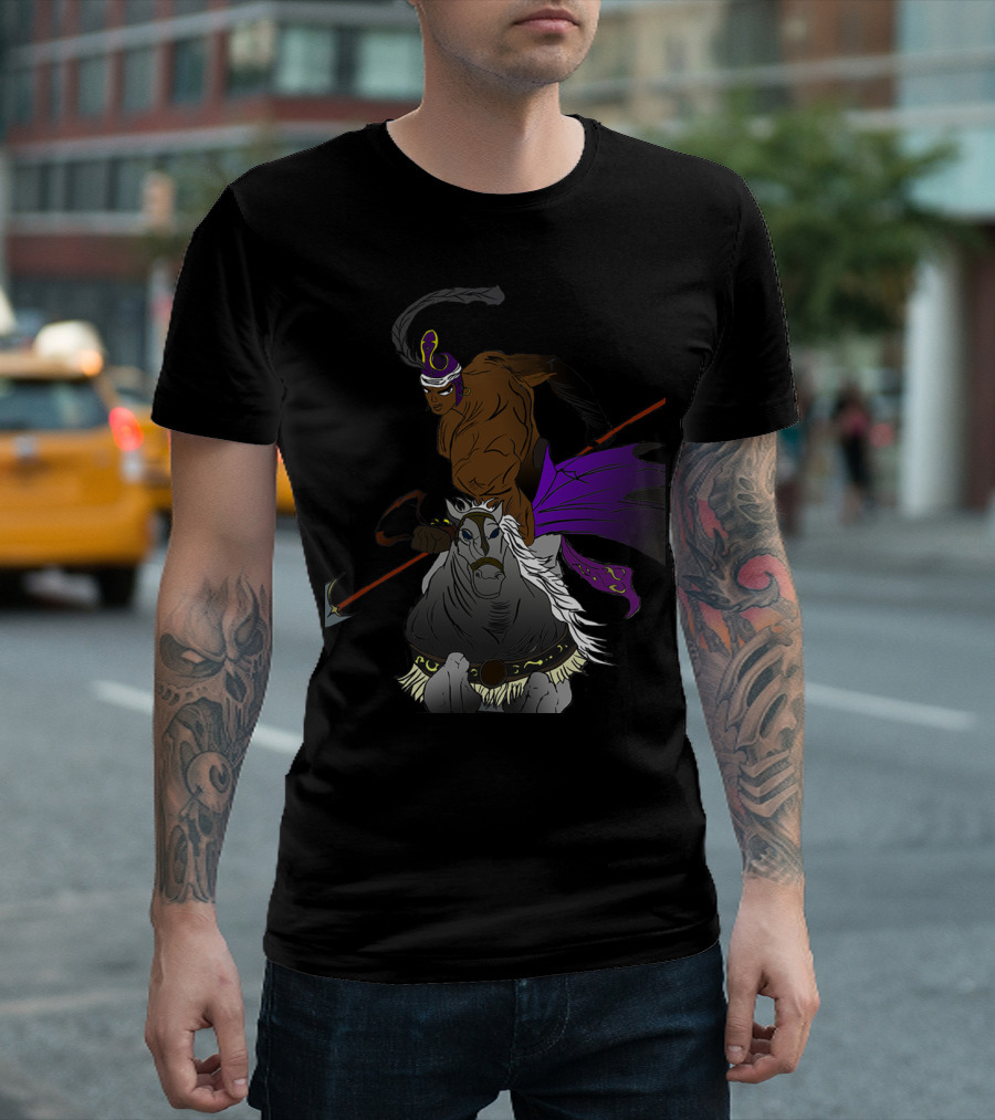 Sundiata Warrior Riding Horse with Spear and Purple Cape T-Shirt