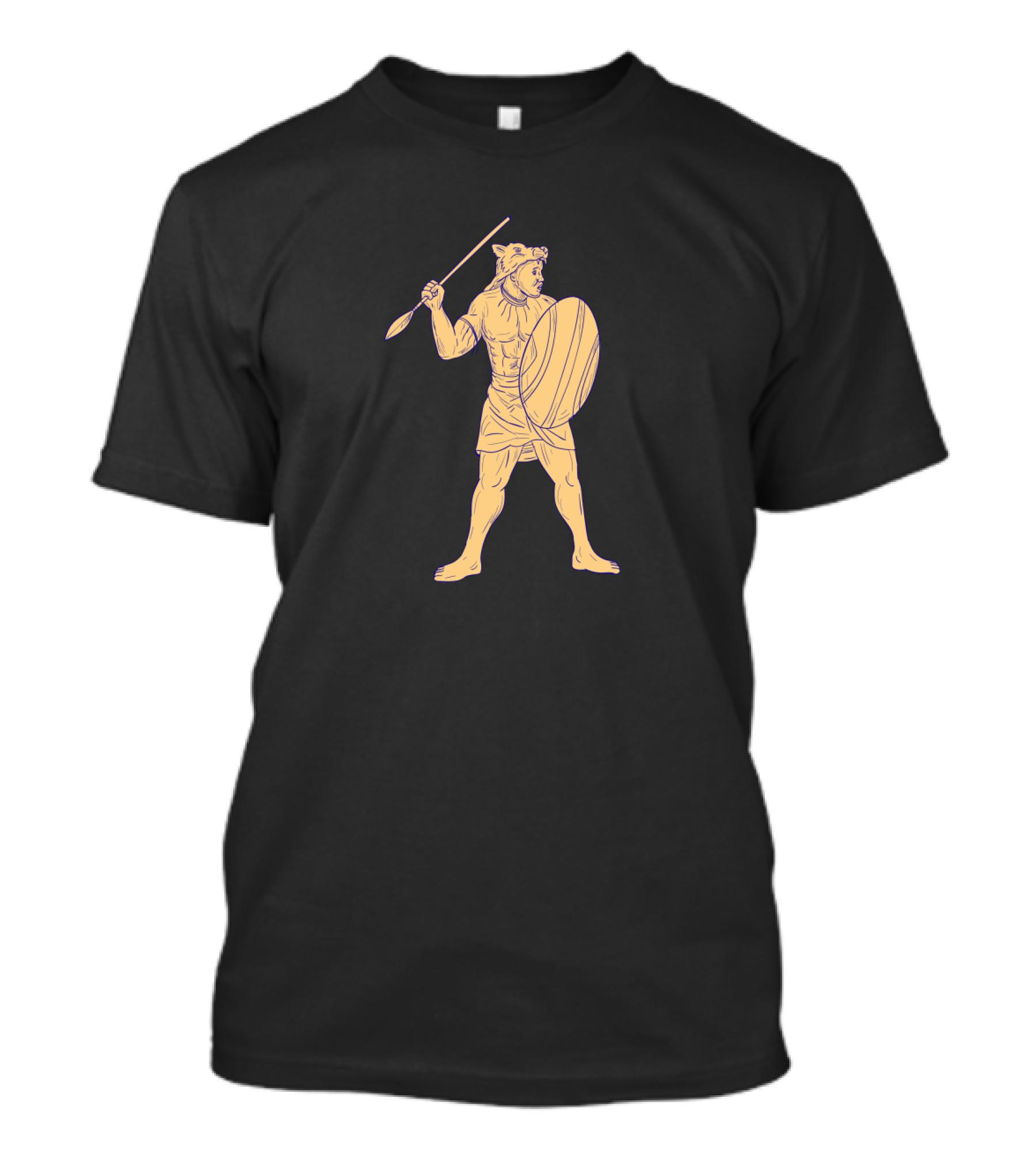 African Warrior With Wolf Mask And Spear Holding Shield T-Shirt