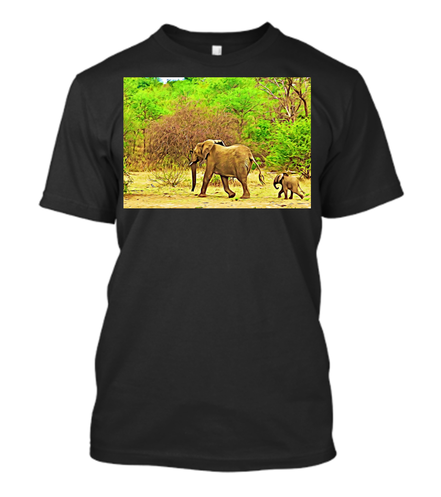 Elephant Family Stroll Through Lush Green Wilderness T-Shirt