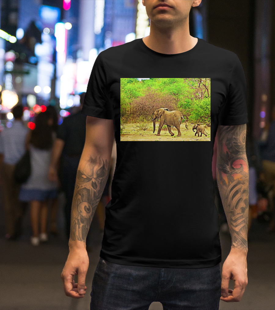 Elephant Family Stroll Through Lush Green Wilderness T-Shirt