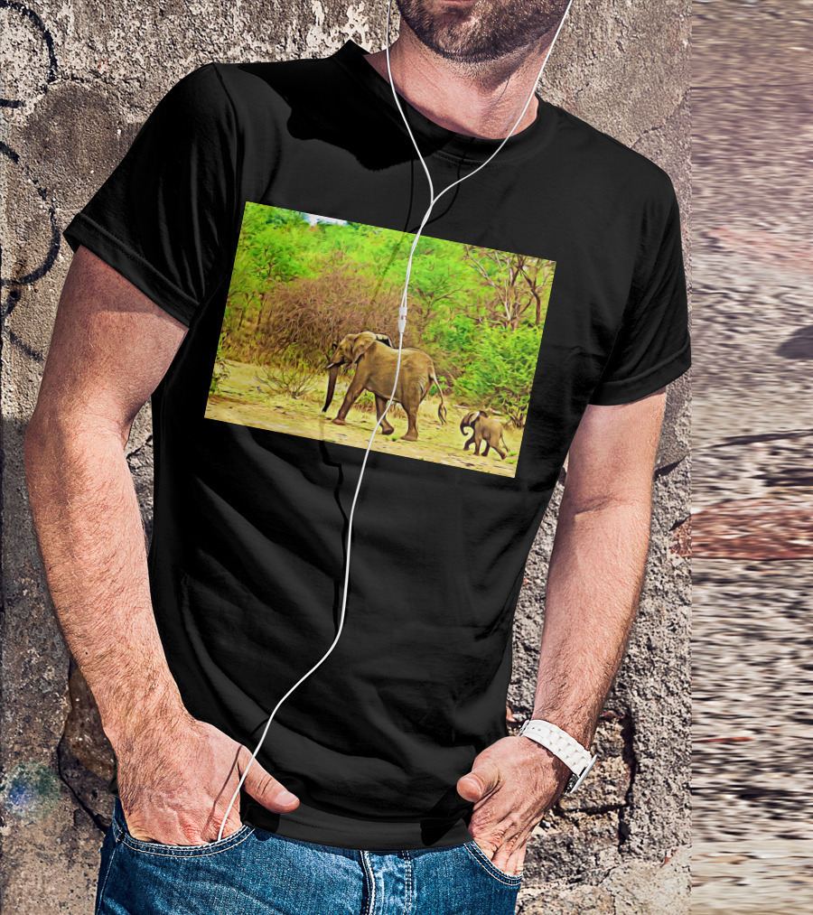Elephant Family Stroll Through Lush Green Wilderness T-Shirt
