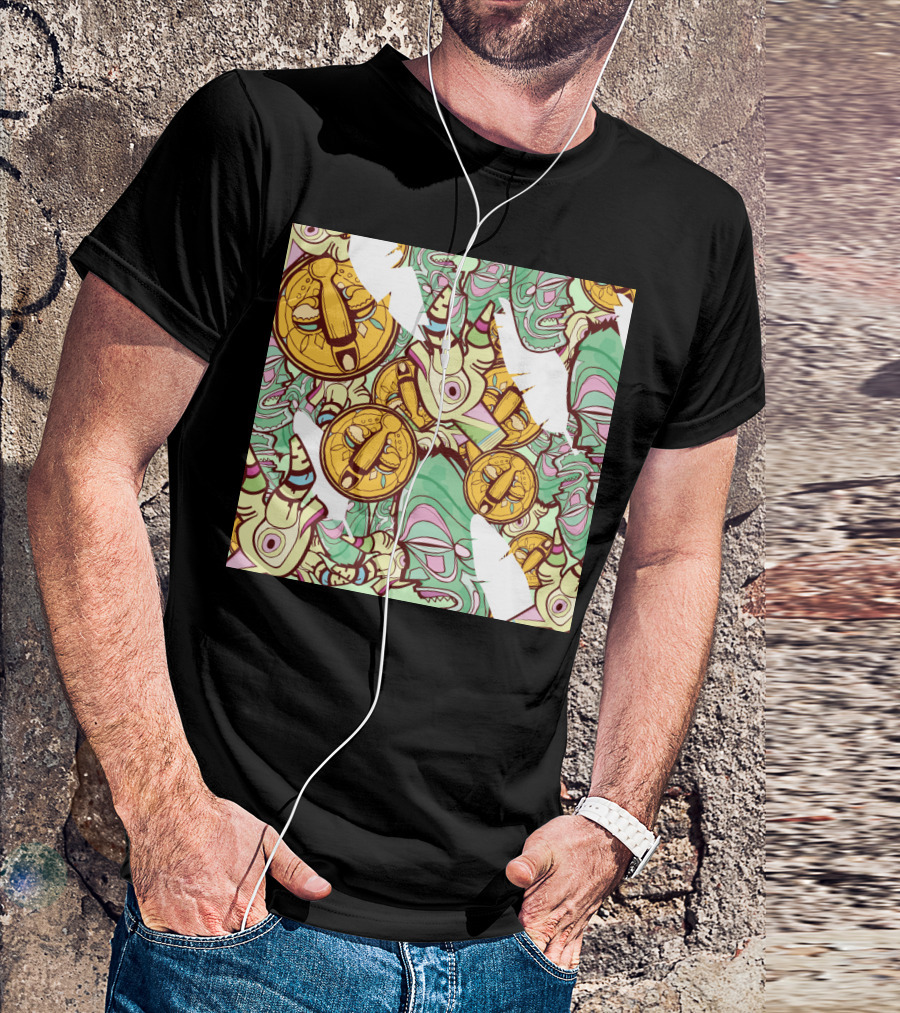 Mask Factory Day Edition Abstract Pattern Yellow Symbols And Green Twisted T-Shirt
