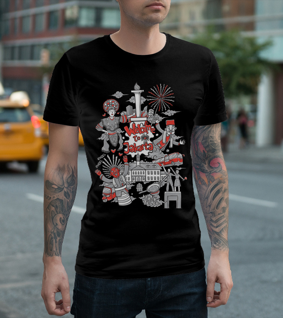 Welcome to Jakarta Monas Ondel-Ondel Kerak Telor Batavia Old Town Fireworks Bajaj Culture T-Shirt