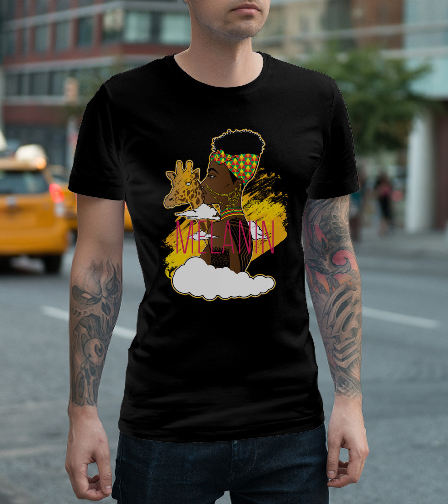 Melanin Afrocentric Art with Giraffe and Vibrant T-Shirt