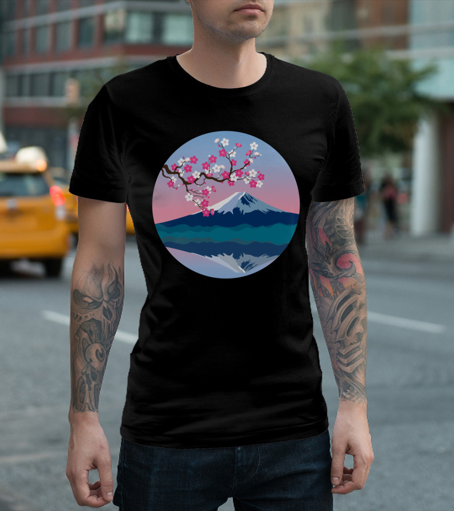Mount Fuji with Cherry Blossoms Reflection in Springtime Scene T-Shirt