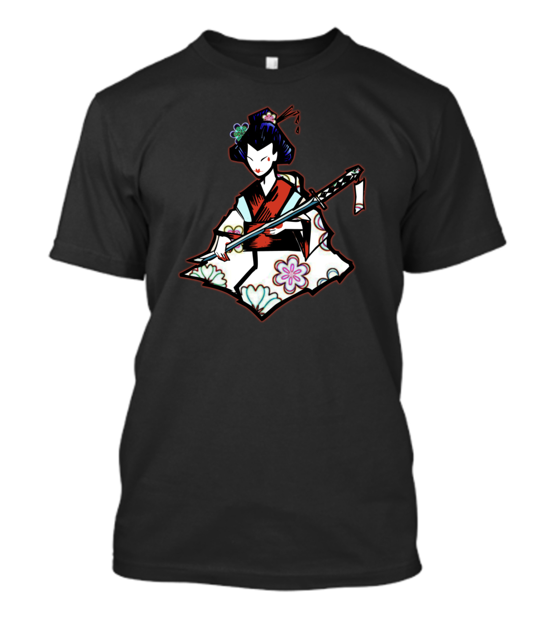 Elegant Geisha With Floral Kimono And Katana T-Shirt