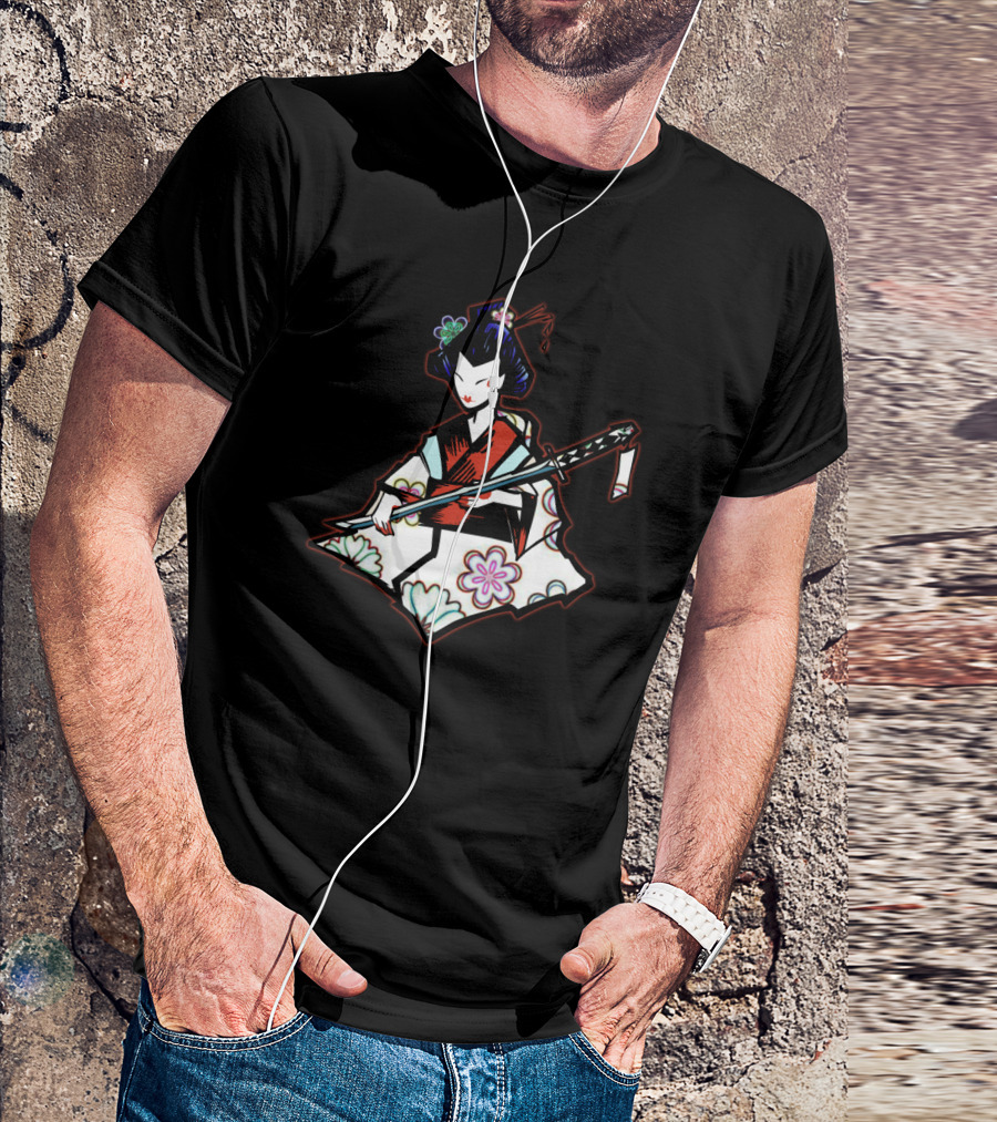 Elegant Geisha With Floral Kimono And Katana T-Shirt