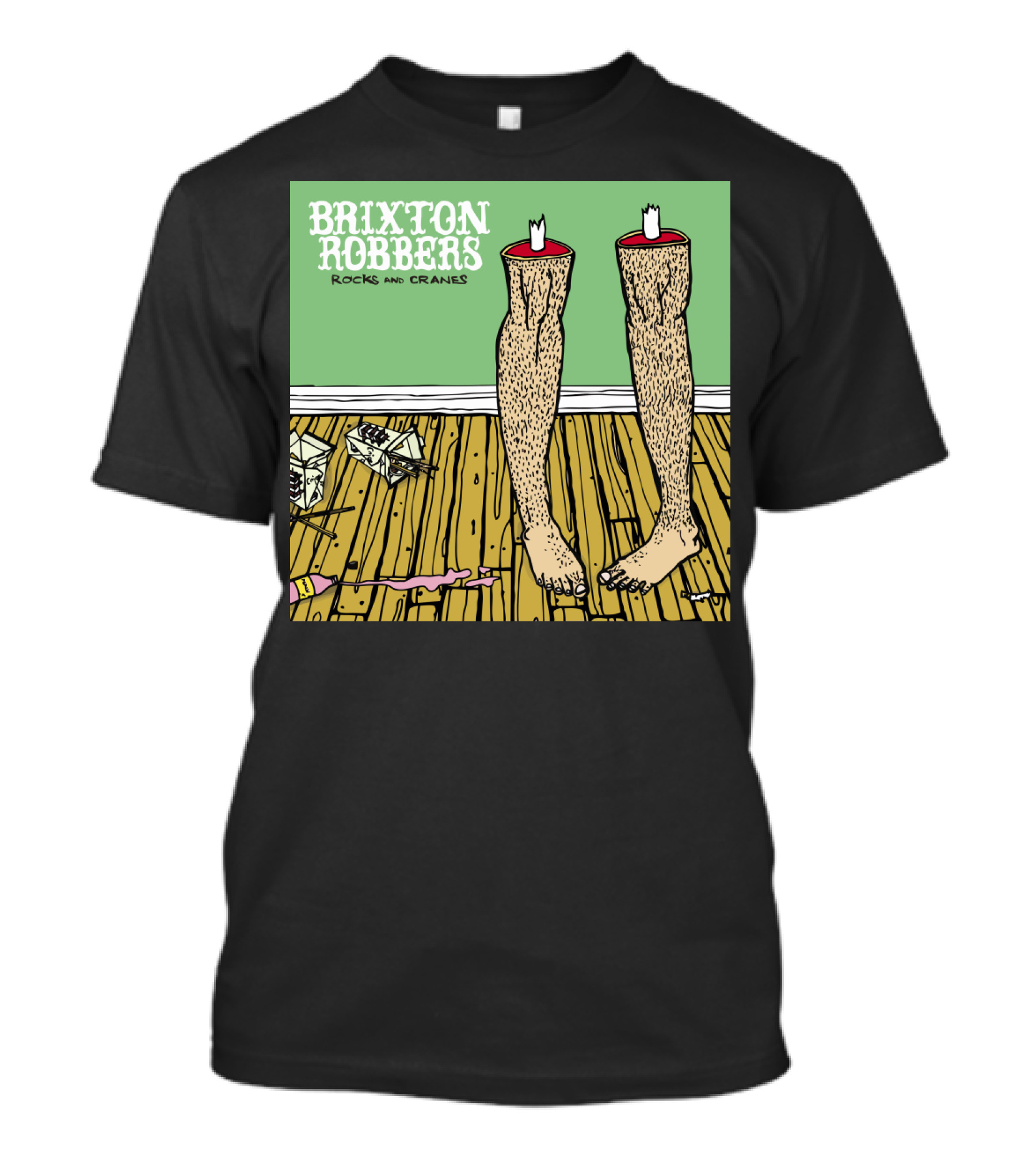 Brixton Robbers Rocks And Cranes Album Cover With Standing Legs On Wooden Floor And Origami Cranes T-Shirt