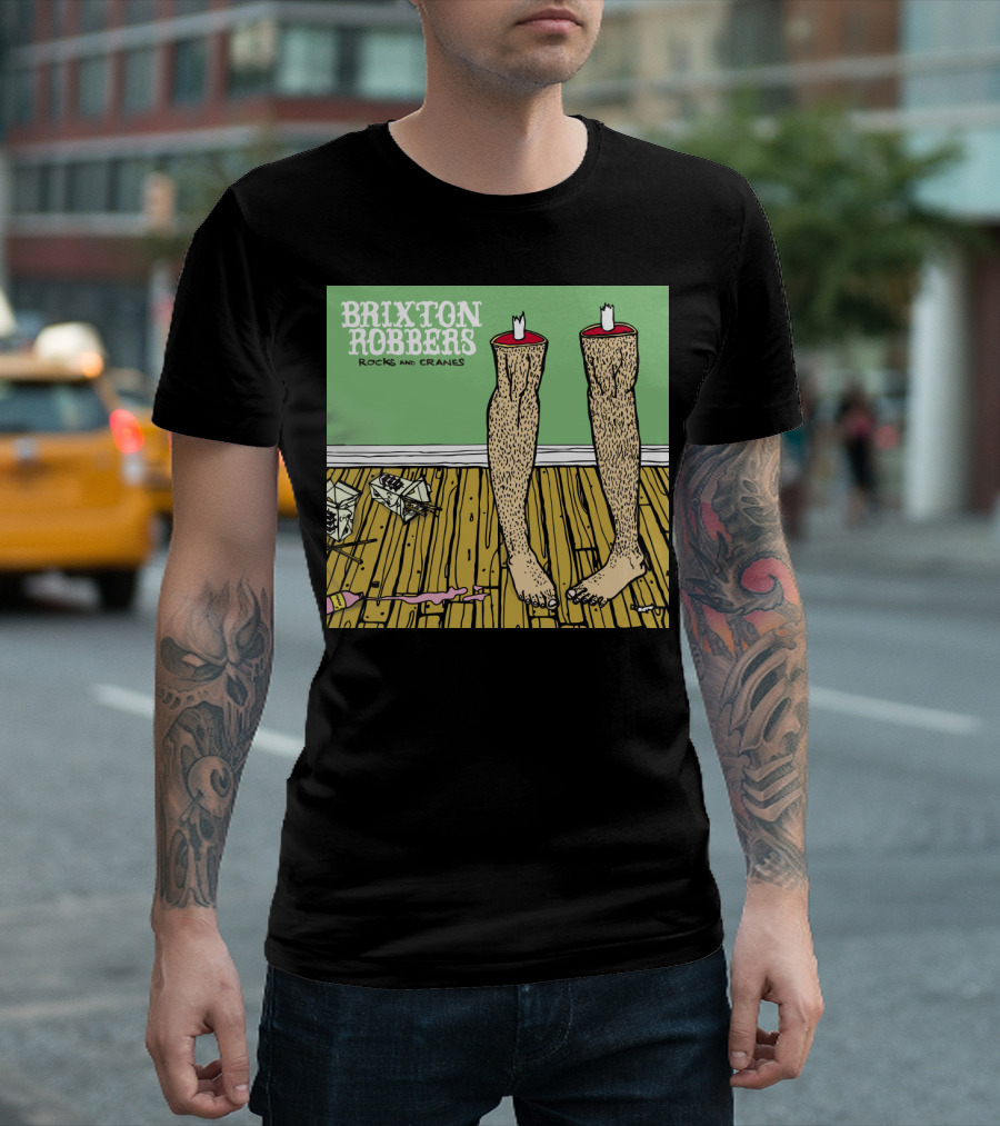 Brixton Robbers Rocks And Cranes Album Cover With Standing Legs On Wooden Floor And Origami Cranes T-Shirt