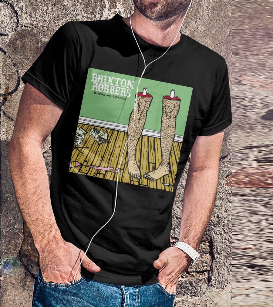 Brixton Robbers Rocks And Cranes Album Cover With Standing Legs On Wooden Floor And Origami Cranes T-Shirt