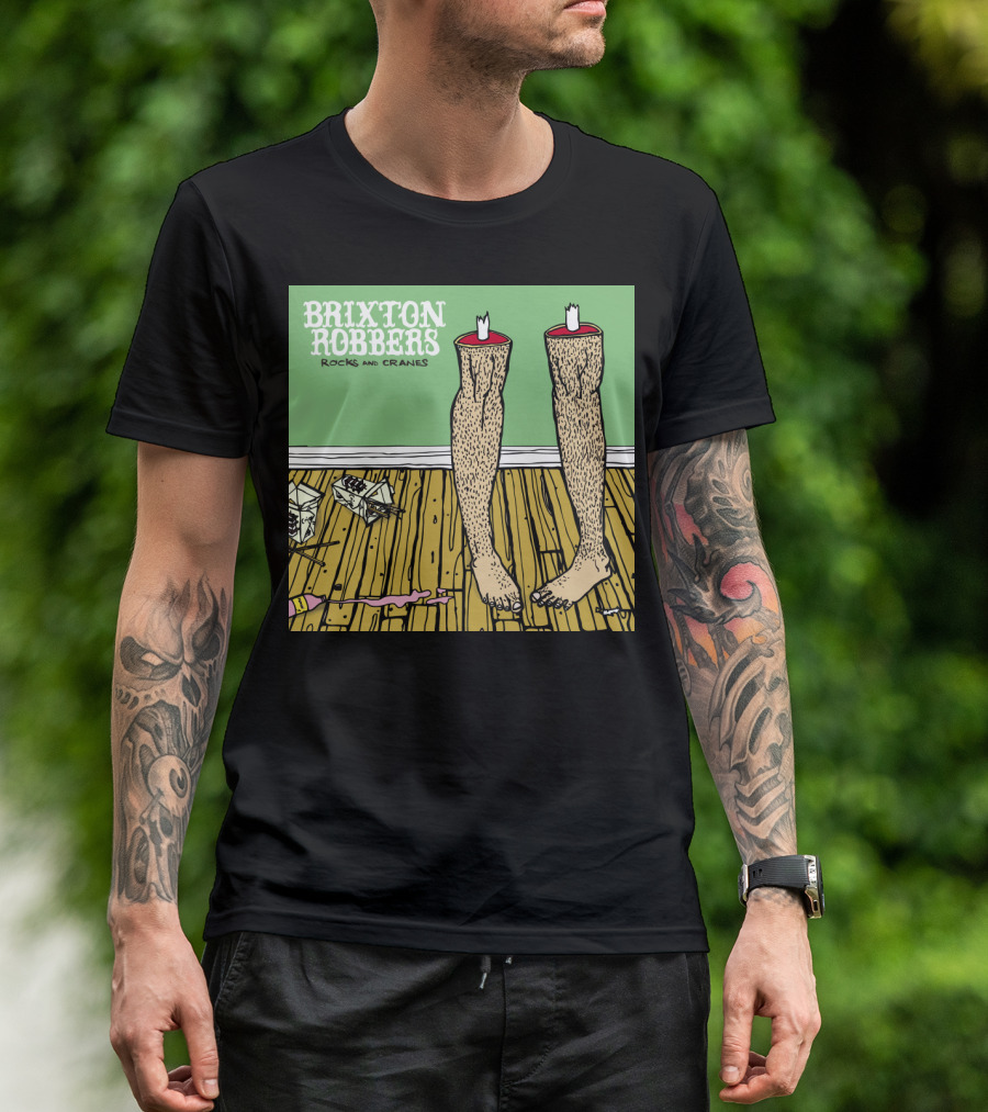 Brixton Robbers Rocks And Cranes Album Cover With Standing Legs On Wooden Floor And Origami Cranes T-Shirt