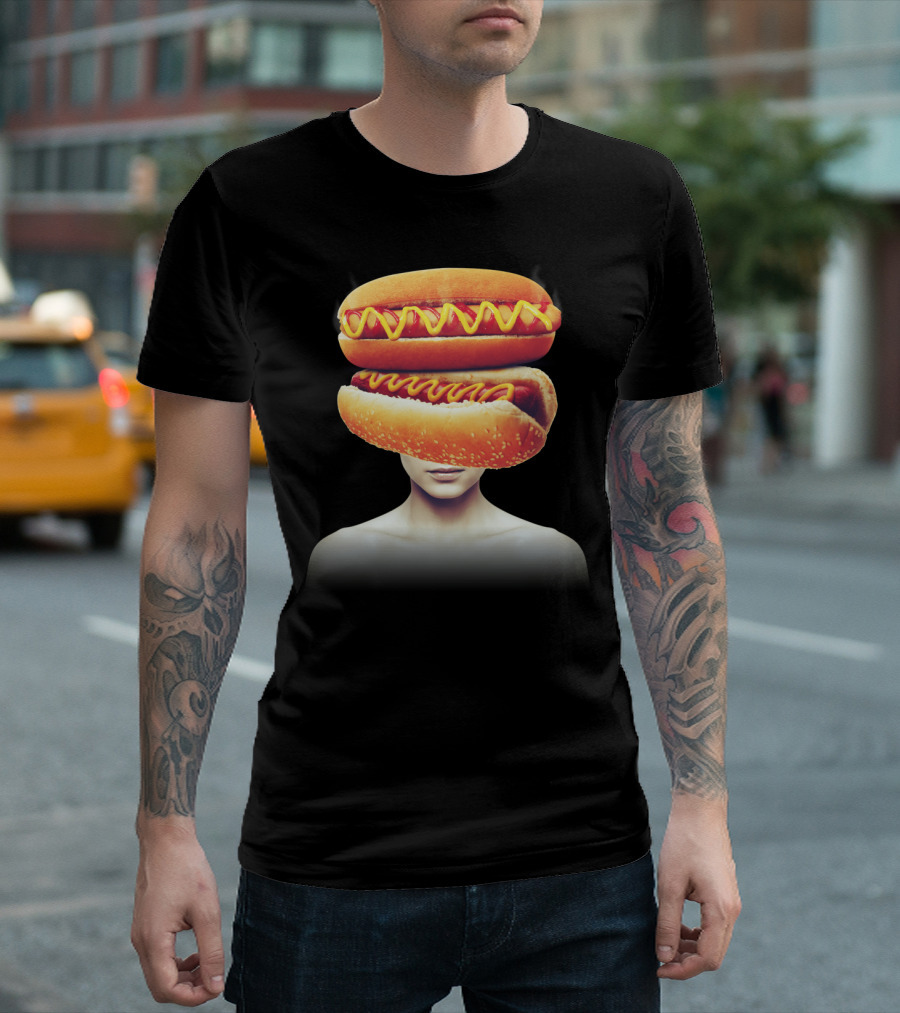 Hotdog Head Surreal Human Face Dual Layers with Floating Bun and Mustard T-Shirt
