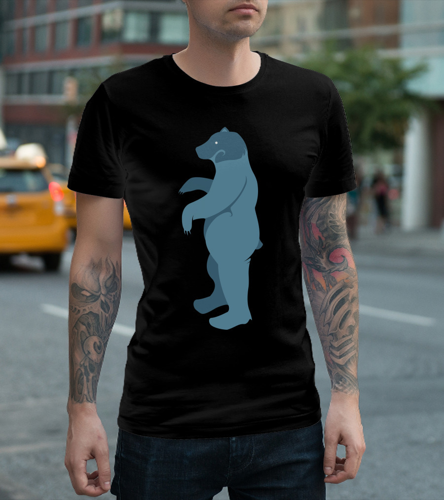 Blue Bear Standing Upright in Woodland-Themed T-Shirt