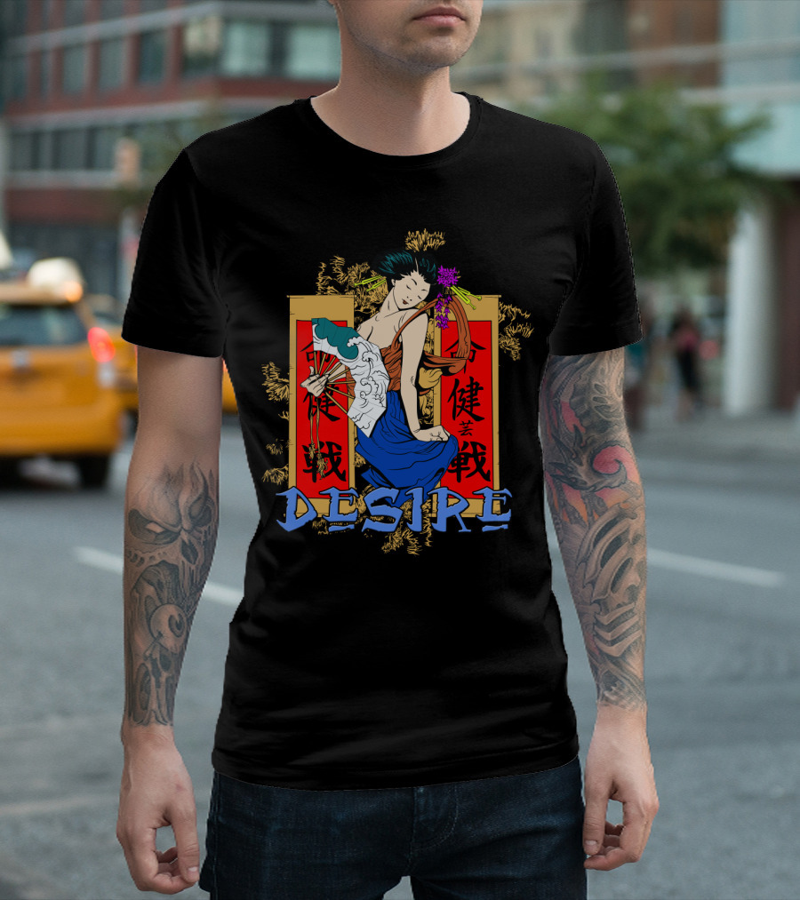 Desire Wrekt Set Geisha with Red Japanese Script Panels T-Shirt